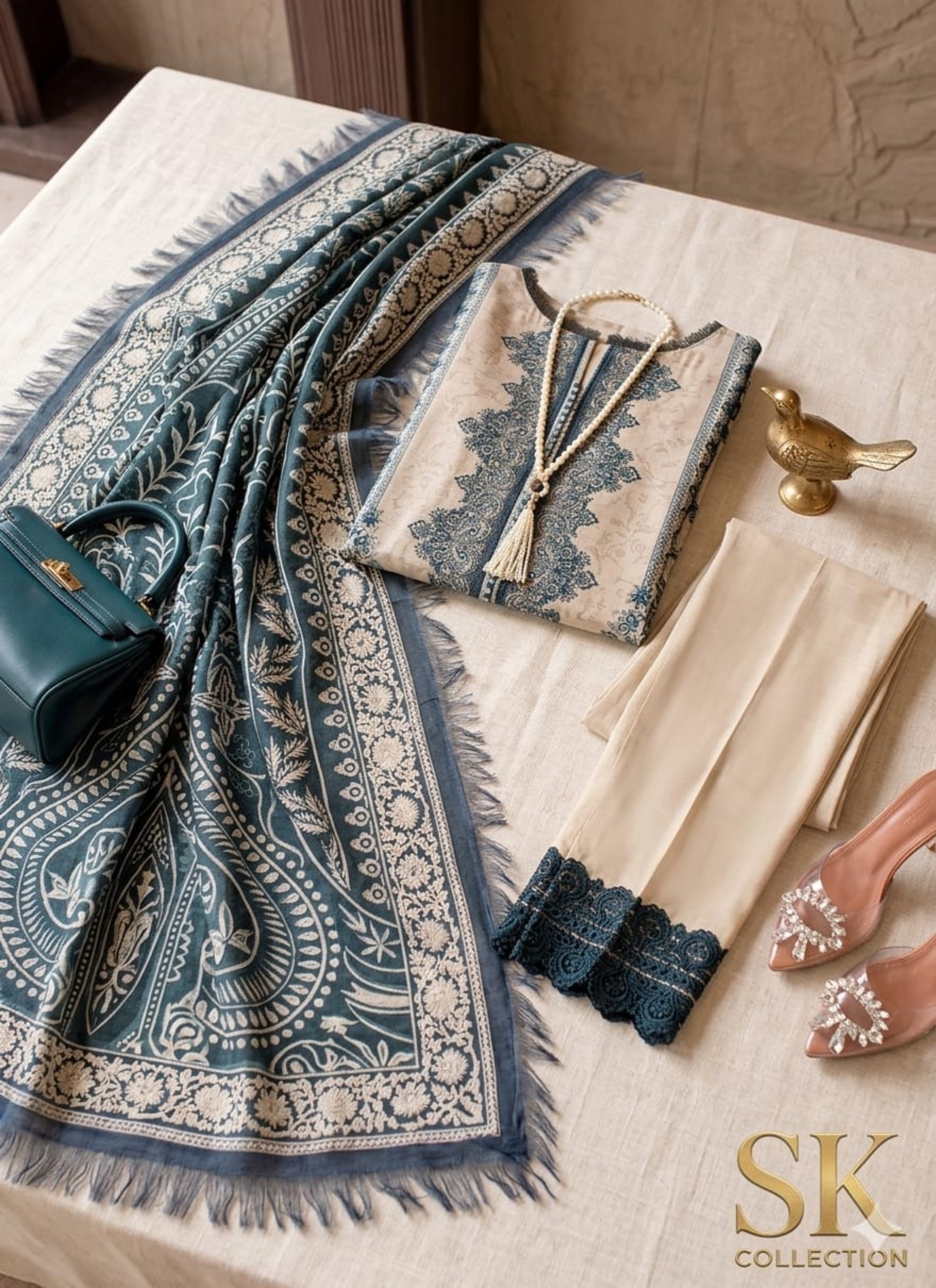 Blue and white patterned scarf with accessories on a table, featuring the SK Collection logo.